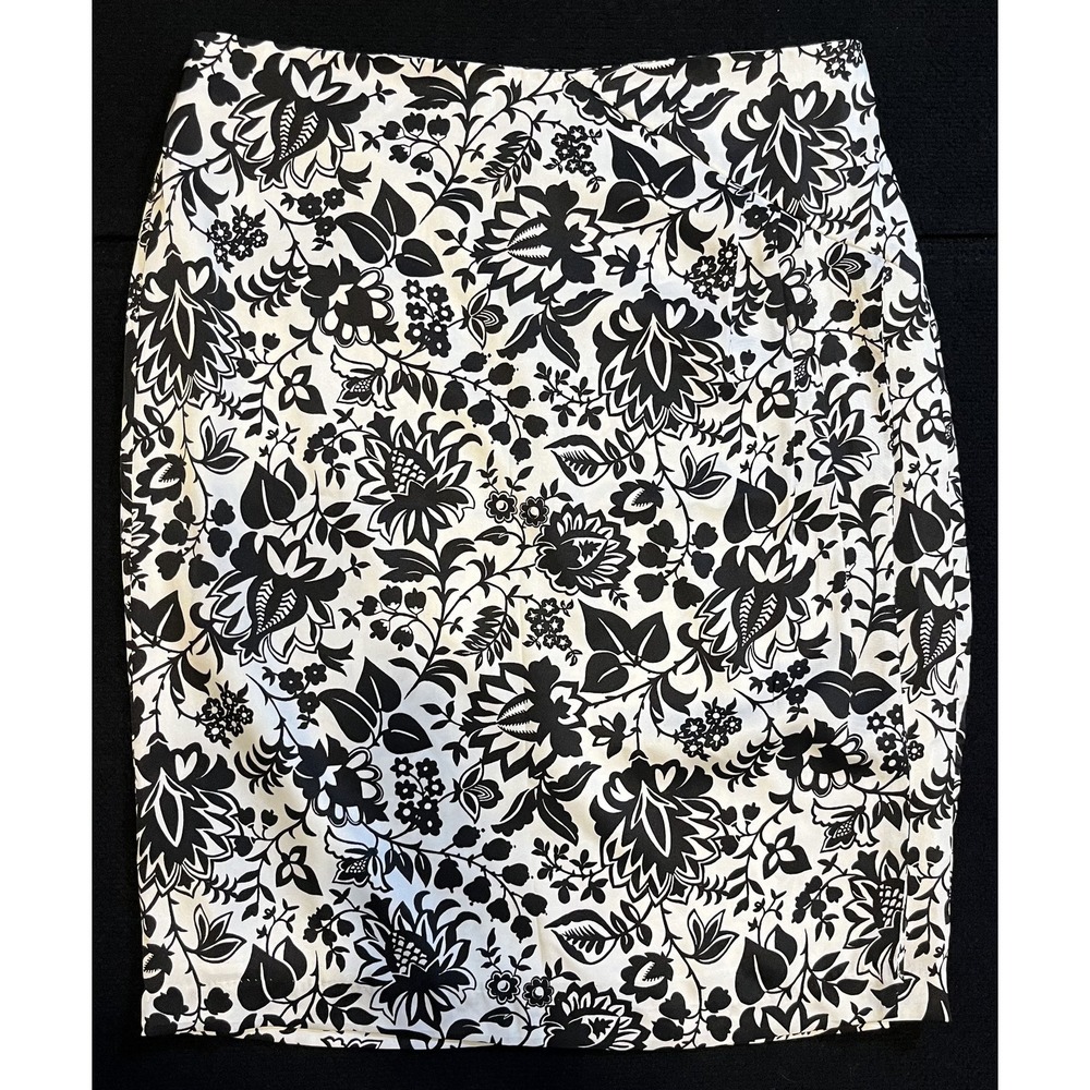Ann Taylor‎ Factory Skirt Womens 12 White Black Floral Pencil Lined Office